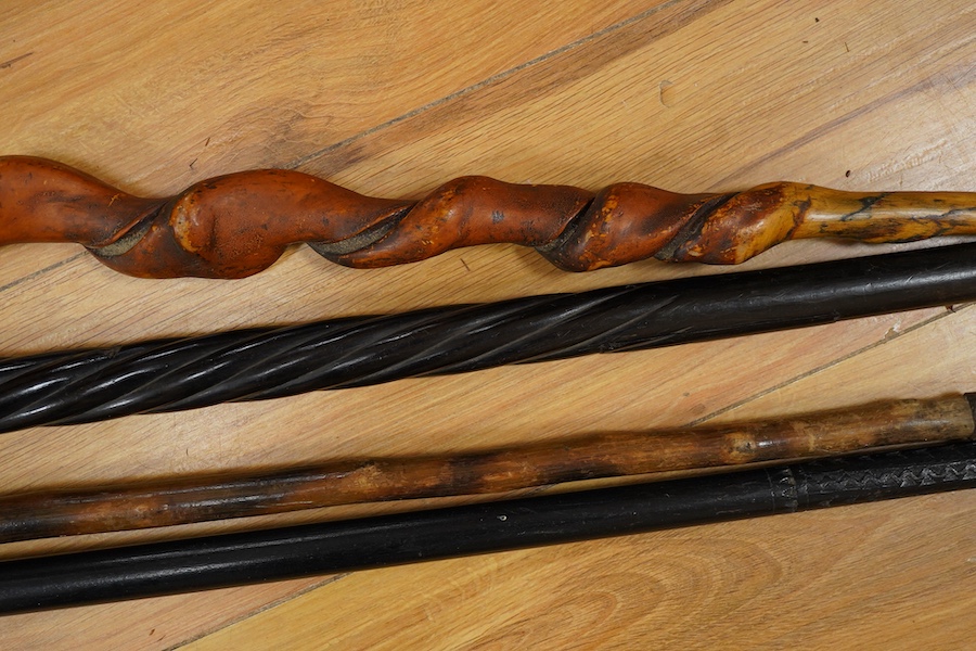 Four various walking canes to include a naturalistic example and one with the handle in the form of an elephant